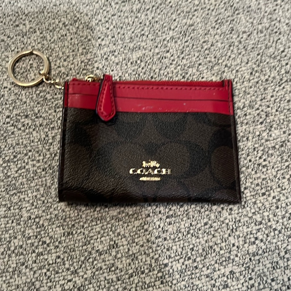 Coach Mini Card / Coin Wallet with Keychain. Monogram with Red Trim.